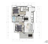 Grundriss einer 3-Zimmer-Wohnung mit Küche, Wohnzimmer und zwei Badezimmern.
