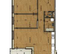 Grundriss einer 3-Zimmer-Wohnung mit Eingangshalle, Badezimmer, Balkon und Wohnzimmer mit Küche.