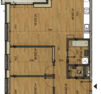 Grundriss einer 3-Zimmer-Wohnung mit Balkon, einschließlich Küche und Wohnzimmer.