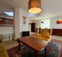 Wohnzimmer in einem Einfamilienhaus mit Sessel, Sofa, Tisch und Kamin, Küche im Hintergrund.