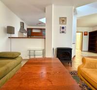 Wohnzimmer mit Kamin, grünem Sofa und Küchenzeile in einem Einfamilienhaus.