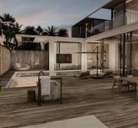 Ein Einfamilienhaus mit einer geräumigen Terrasse und einem Pool, umgeben von tropischen Pflanzen.