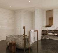 Das Badezimmer eines Einfamilienhauses mit einer ovalen Steinvanna und eleganten Waschbecken.