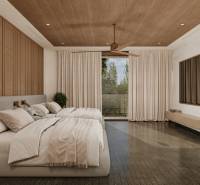 Elegantes Schlafzimmer in einem Einfamilienhaus mit großem Bett, Holzdecke und Fernseher.