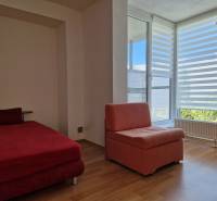 Ein Zimmer eines Einfamilienhauses mit einem roten Sofa und einem Sessel, großes Fenster mit horizontalen Jalousien.