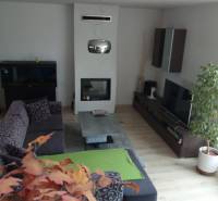 Wohnzimmer in einem Einfamilienhaus mit Kamin, Sitzgruppe und Dekorationen.