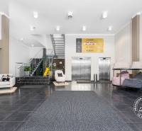 Empfangsbereich mit Sofa, Aufzügen und Treppenhaus in Geschäftsräumen.