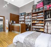 Bettwarenladen, Geschäftsräume mit Regalen und Theke, gemütliches Interieur.