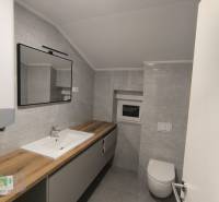 Badezimmer in einer 4-Zimmer-Wohnung mit Dusche, Waschbecken, Spiegel und Toilette.
