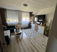 Wohnzimmer in einer 3-Zimmer-Wohnung mit Sofa, Fernseher, Tisch und Holzboden.