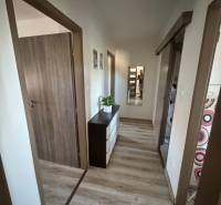 Flur in einer 3-Zimmer-Wohnung mit Spiegel, Holzboden und Türen.