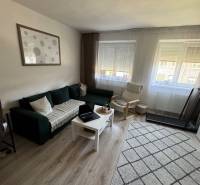 Helles Wohnzimmer in einer 3-Zimmer-Wohnung mit Sofa, Sessel und Tisch auf hellem Boden.