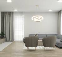 Wohnzimmer in einem Einfamilienhaus mit Kamin, moderner Beleuchtung und grauem Sofa.