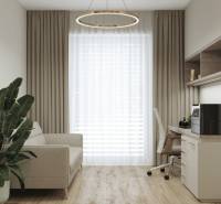 Innenraum eines Einfamilienhauses mit Büro, Pflanze, Sofa, Tisch und Stuhl.