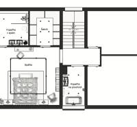 Grundriss des Stockwerks eines Einfamilienhauses mit Schlafzimmer, Badezimmern und Ankleidezimmer.