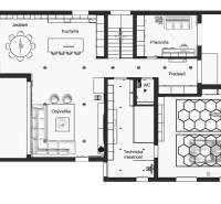 Grundriss des Einfamilienhauses: Wohnzimmer, Küche, Esszimmer, Arbeitszimmer, Garage und Technikraum.
