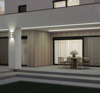 Ein Einfamilienhaus in Opoj mit Terrasse, Pool und Gartenlaube bei Sonnenuntergang.