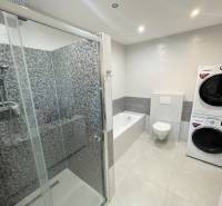 Ein Badezimmer in einem Einfamilienhaus mit Badewanne, Dusche und Waschmaschine mit Trockner.