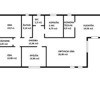 Grundriss eines Einfamilienhauses mit Zimmern, Küche und Badezimmer, ideal zum Wohnen in Prešov.