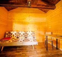Ein hölzernes Interieur mit einem Sofa und einem Tisch in einer malerischen Hütte auf einem Grundstück - Wohnen.