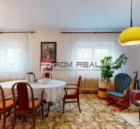 Wohnzimmer in einem Einfamilienhaus mit Tisch, Stühlen, Dekorationen und einer gelben Deckenleuchte.