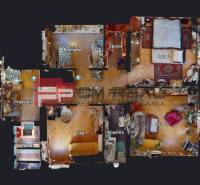 Grundriss eines Einfamilienhauses mit Zimmern, Küche, Badezimmer, WC und Veranda.
