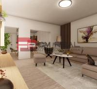 Wohnzimmer in einem Einfamilienhaus mit cremefarbenem Sofa, Tisch und Bild an der Wand.