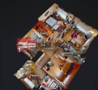 3D-Grundriss, der verschiedene Räume eines Einfamilienhauses einschließlich Zimmer, Küche und Badezimmer zeigt.