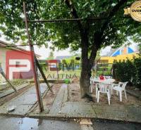 Ein Einfamilienhaus in der Nerudova-Straße in Pezinok, ein Garten mit einem Baum und Plastikmöbeln.