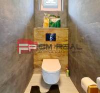 Badezimmer im Einfamilienhaus mit Toilette, Waschbecken und Stauraum.