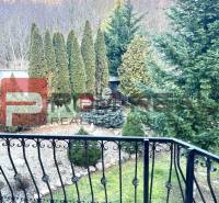 Der Garten des Einfamilienhauses in Píla mit Blick auf die Nadelbäume hinter dem Zaun.