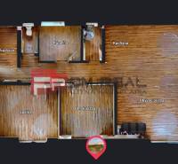 Grundriss eines Einfamilienhauses mit Zimmern: Küche, Wohnzimmer, Badezimmer, Kinderzimmer, Schlafzimmer.