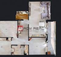 Grundriss einer 4-Zimmer-Wohnung mit Balkon, Badezimmer und Küche.