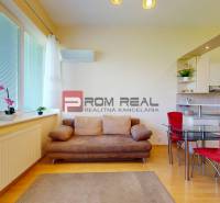 Wohnzimmer mit beigem Sofa, Esstisch und Küchenzeile, 1-Zimmer-Wohnung.