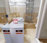 Badezimmer mit Waschmaschine, Waschbecken und Dusche in einer Einzimmerwohnung, helle Fliesen.