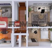 Grundriss einer 3-Zimmer-Wohnung zeigt die Anordnung der Zimmer und Möbel.