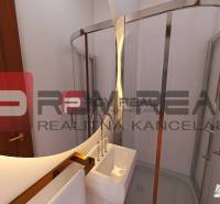 Badezimmer in einer 3-Zimmer-Wohnung mit moderner Eckdusche und Waschbecken.