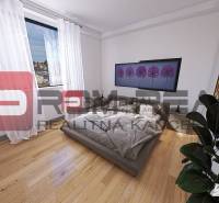 Schlafzimmer in einer 3-Zimmer-Wohnung mit großem Fenster, Pflanze und Bild an der Wand.
