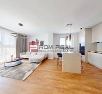 Wohnzimmer mit Küche in einer 2-Zimmer-Wohnung, helles Sofa und Esstisch-Insel.