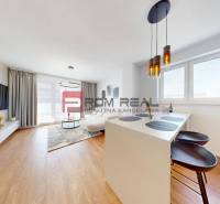 Helles Wohnzimmer mit Küche, Fernseher an der Wand, Holzboden, Bar-Sitzgelegenheit. 2-Zimmer-Wohnung.