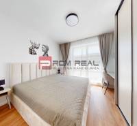 Helles Schlafzimmer in einer 2-Zimmer-Wohnung mit großem Bett und Einbauschrank.