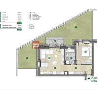 Grundriss einer 2-Zimmer-Wohnung mit Terrasse und Garten in der Pezinok-Straße. Die Wohnung umfasst einen Flur, eine Küche, ein Wohnzimmer, ein Badezimmer und ein Schlafzimmer.