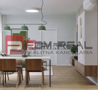 Innenraum einer 2-Zimmer-Wohnung in der Pezinok-Straße; Küche, Esszimmer, Holzelemente, helle Atmosphäre.