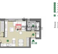 Grundriss einer 2-Zimmer-Wohnung mit Loggia, enthält ein Schlafzimmer, ein Wohnzimmer und ein Badezimmer.