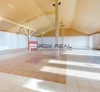 Geräumiges Interieur eines Gebäudes mit gemustertem Boden und Holzdecke.