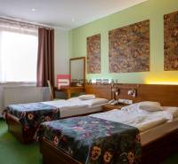 Ein Hotelzimmer mit zwei Betten, Bildern von einem Löwen und Holzmöbeln.