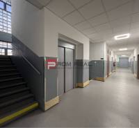 Innenraum eines Lagers und einer Halle mit Treppe und Aufzug, graue Wände, heller Flur.