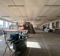 Produktionsräume mit Holzbearbeitungsmaschine und Materialien, ausreichend natürliches Licht.
