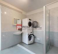 Badezimmer in einem Einfamilienhaus mit Waschmaschine, Trockner und Duschkabine.