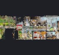 Grundriss eines Einfamilienhauses mit farbigen Zimmern, Badezimmer und Außenbereich.